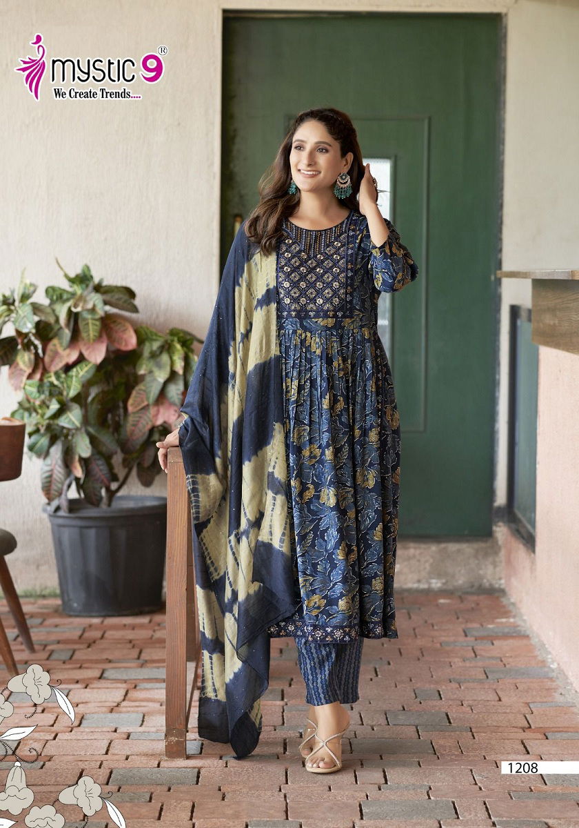 Sara Vol 12 By Mystic 9 Naira Cut Foil Printed Kurti With Bottom Dupatta Wholesale Market In Surat
